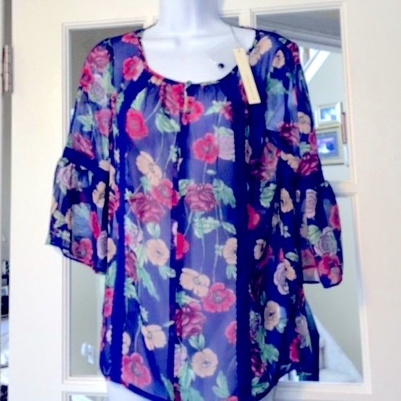 LC Lauren Conrad Womens Boho Blue Floral Chiffon Bell Sleeve Blouse Sz S New - Picture 5 of 7